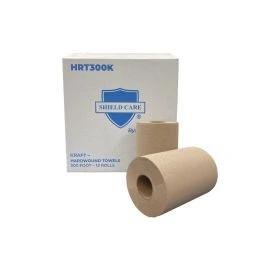 Rolls of kraft hardwound towels in front of their box.