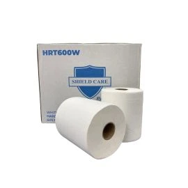 Rolls of white hardwound towels in front of their box.